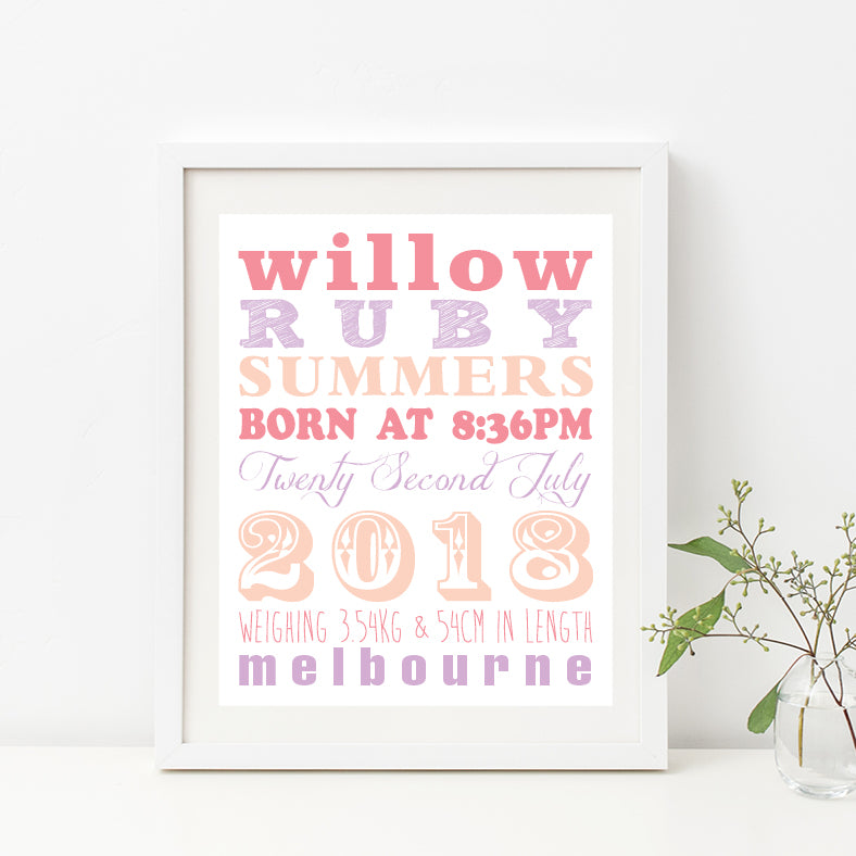 Straight Line Typography Birth Print - Girl