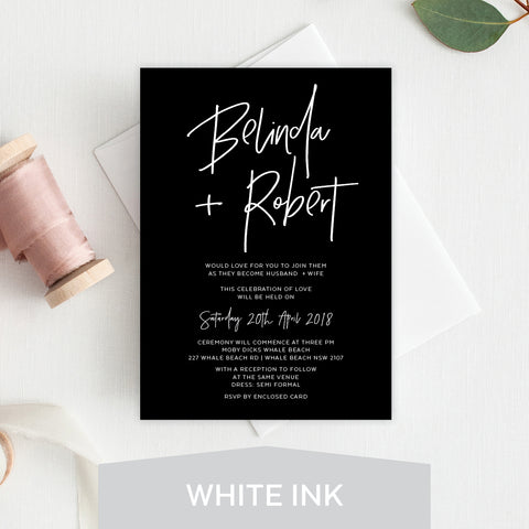 Ebony Script White Ink Invitation