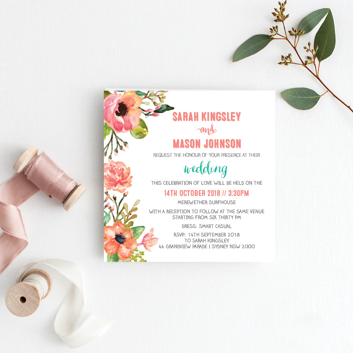 Watercolour Blooms Square Invitation