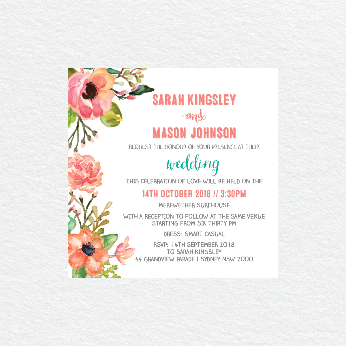 Watercolour Blooms Square Invitation