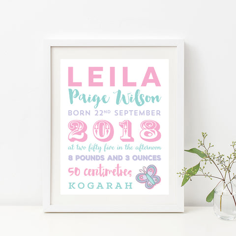 Straight Line Typography Birth Print - Girl