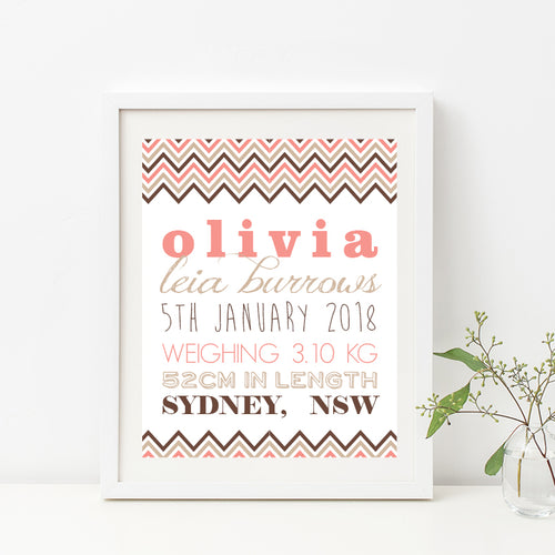 Chevron Typography Birth Print - Girl