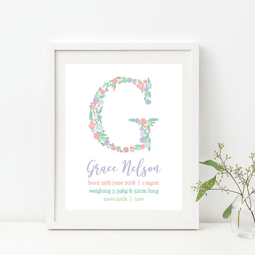 Floral Monogram Birth Print