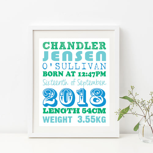 Straight Line Typography Birth Print - Boy