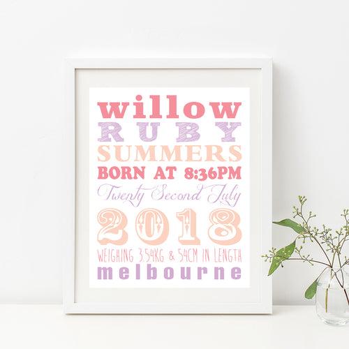 Straight Line Typography Birth Print - Girl