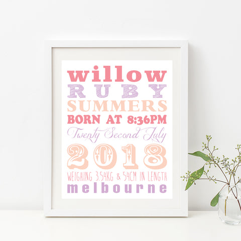Chevron Typography Birth Print - Girl