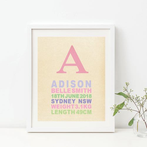 Vintage Monogram Birth Print - Girl