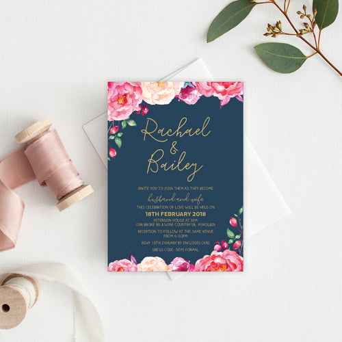 In Bloom (Navy) Rectangle Invitation