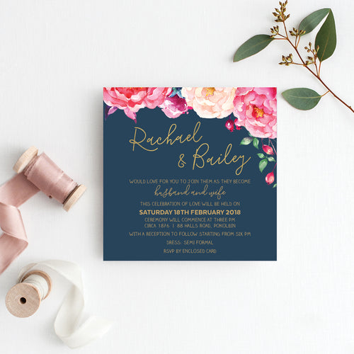 In Bloom (Navy) Square Invitation