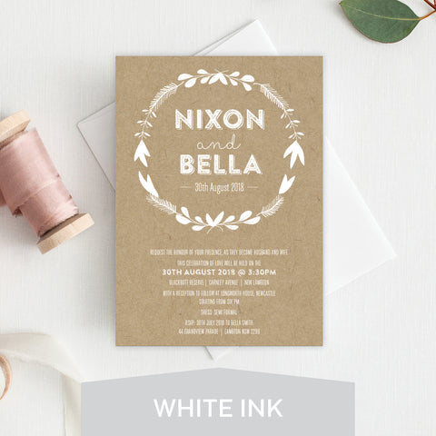 Rustic Laurels White Ink Invitation